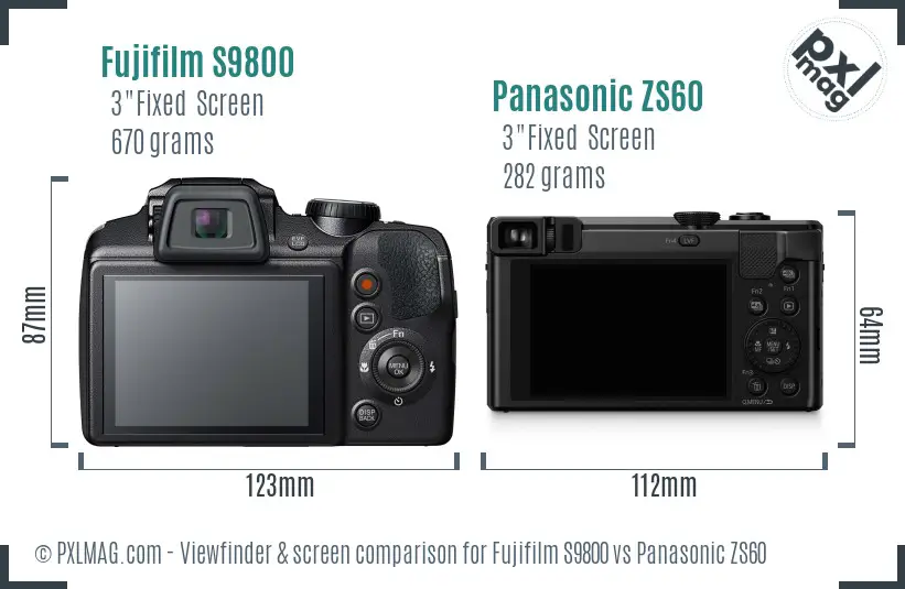 Fujifilm S9800 vs Panasonic ZS60 Screen and Viewfinder comparison