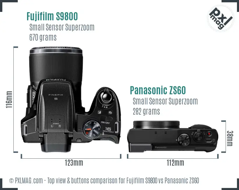 Fujifilm S9800 vs Panasonic ZS60 top view buttons comparison