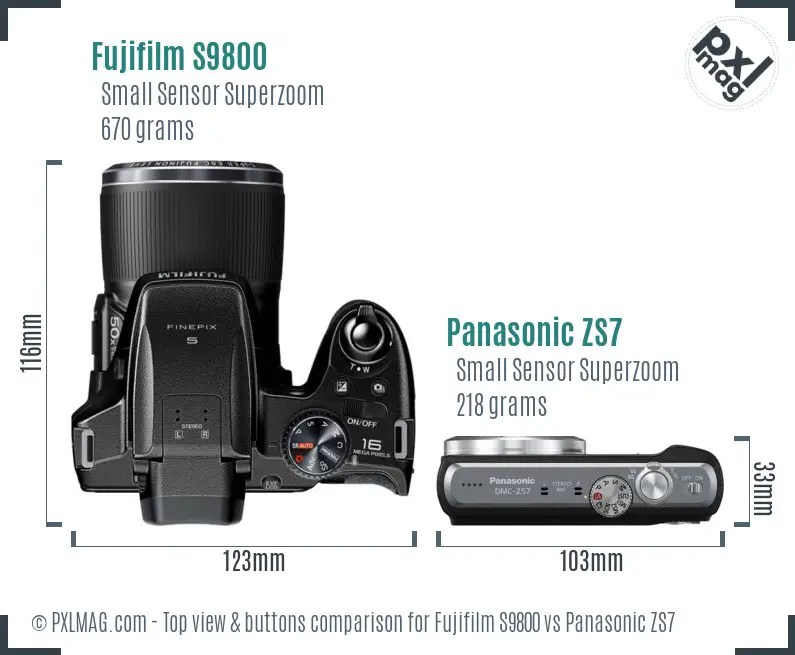 Fujifilm S9800 vs Panasonic ZS7 top view buttons comparison