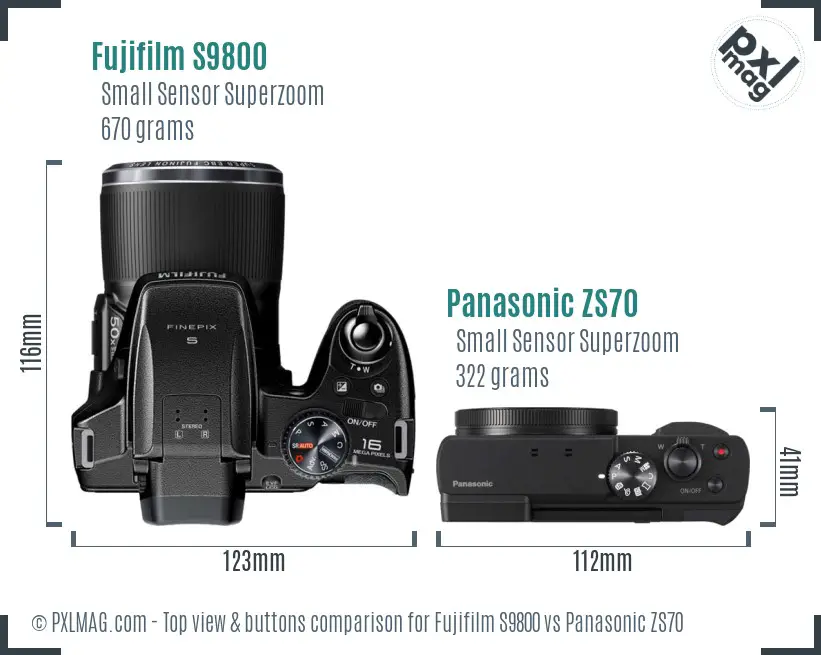 Fujifilm S9800 vs Panasonic ZS70 top view buttons comparison