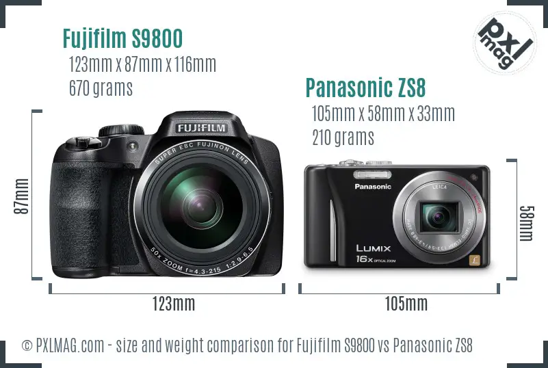 Fujifilm S9800 vs Panasonic ZS8 size comparison