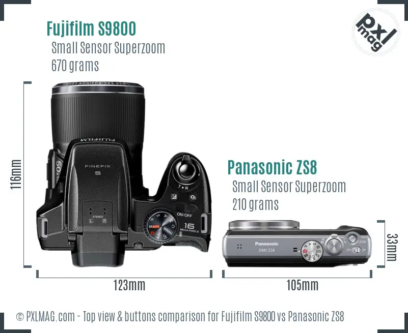 Fujifilm S9800 vs Panasonic ZS8 top view buttons comparison