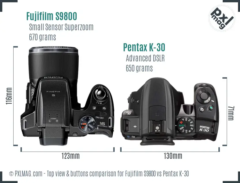 Fujifilm S9800 vs Pentax K-30 top view buttons comparison