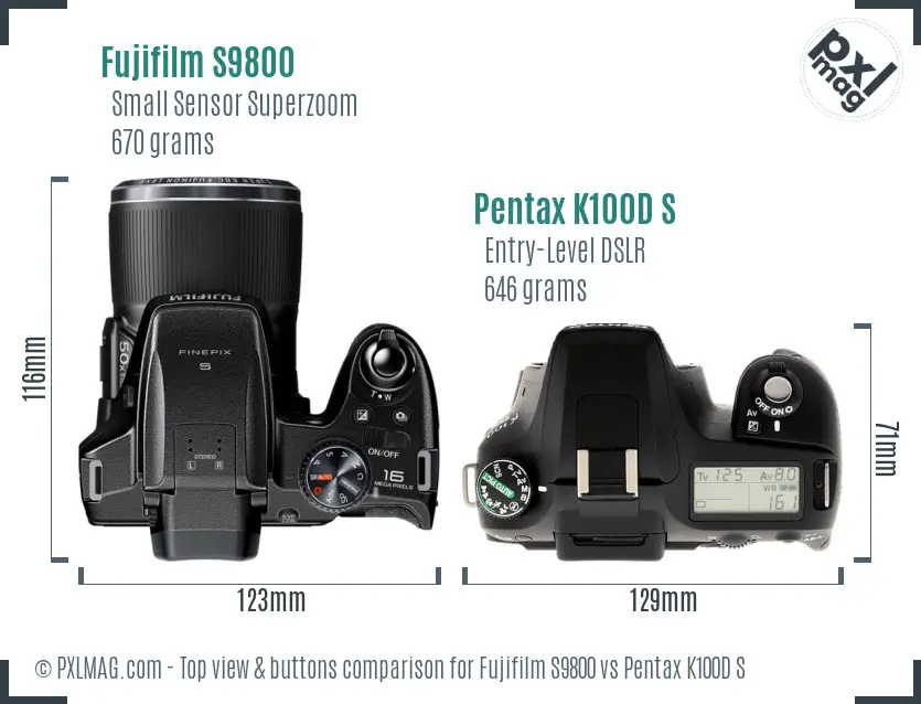 Fujifilm S9800 vs Pentax K100D S top view buttons comparison
