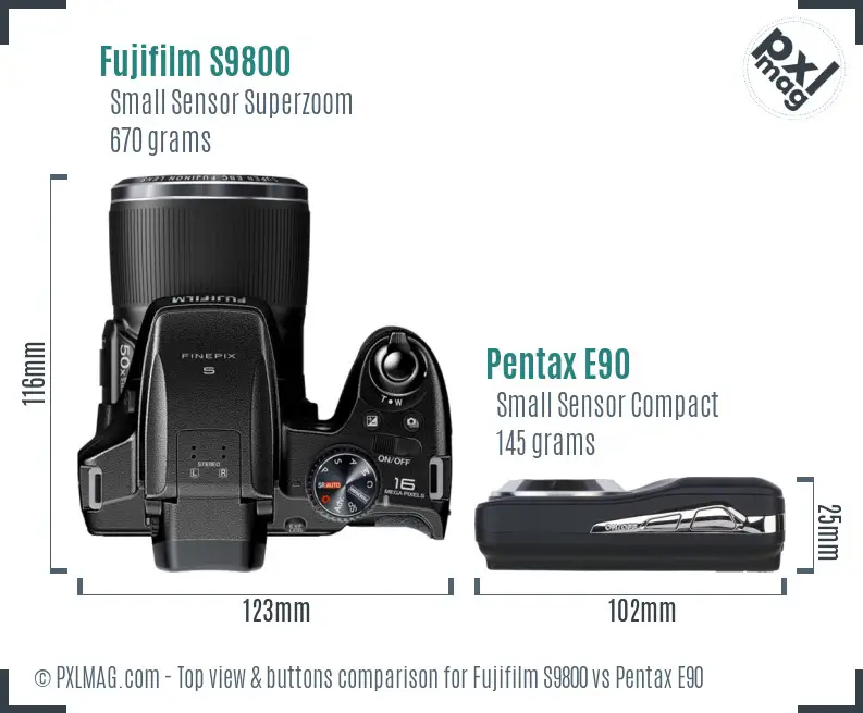 Fujifilm S9800 vs Pentax E90 top view buttons comparison