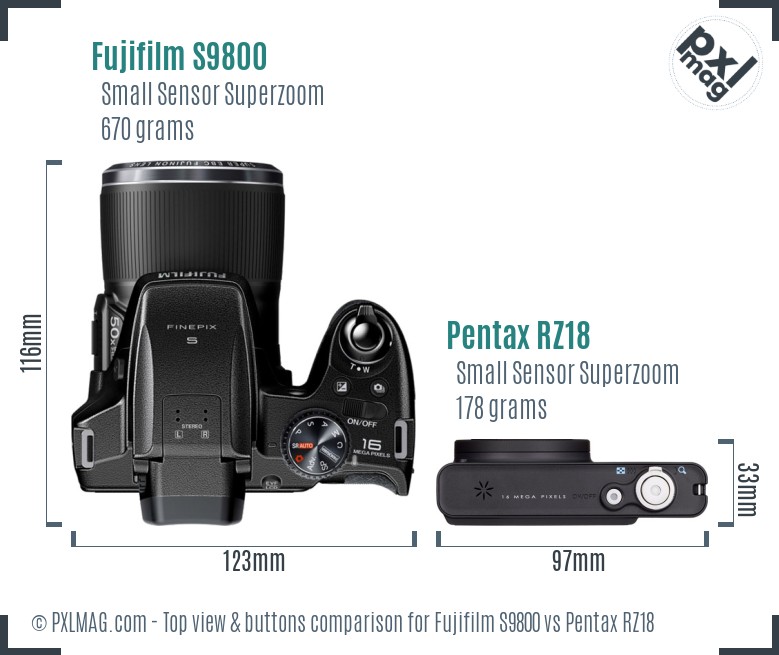 Fujifilm S9800 vs Pentax RZ18 top view buttons comparison