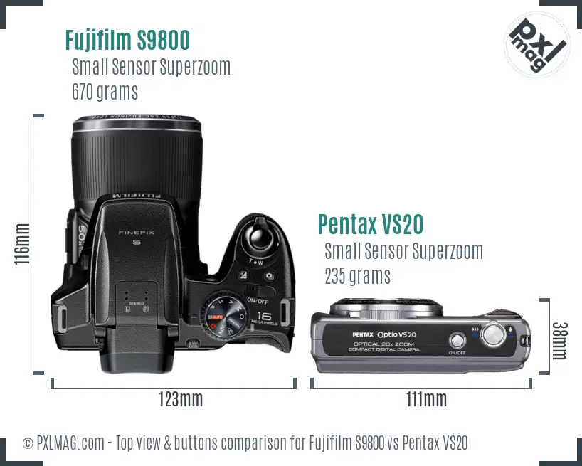 Fujifilm S9800 vs Pentax VS20 top view buttons comparison