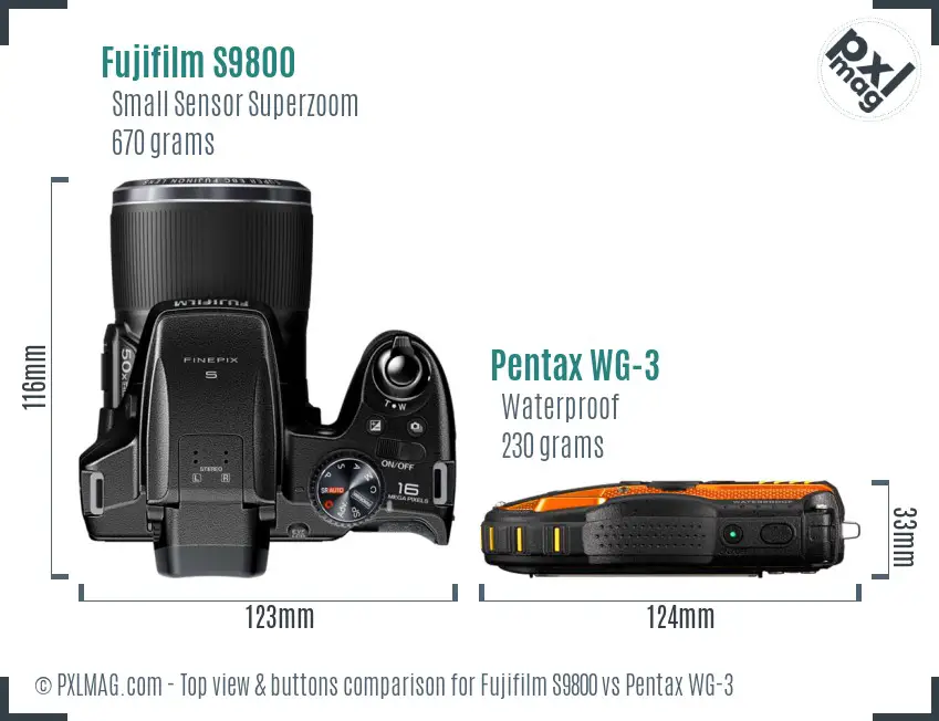 Fujifilm S9800 vs Pentax WG-3 top view buttons comparison