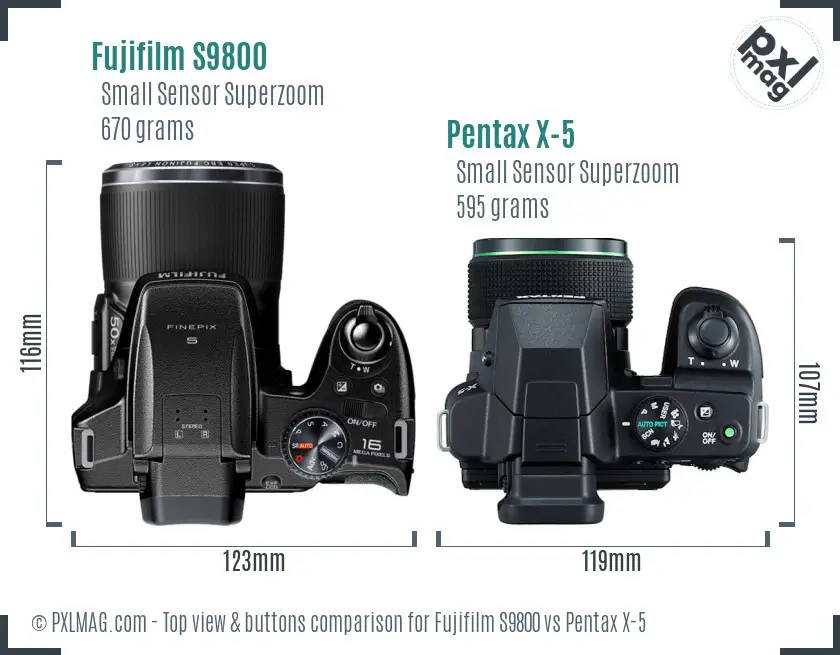 Fujifilm S9800 vs Pentax X-5 top view buttons comparison