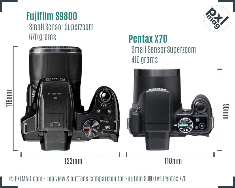 Fujifilm S9800 vs Pentax X70 top view buttons comparison Fujifilm S9800 vs Pentax X70 top view buttons comparison