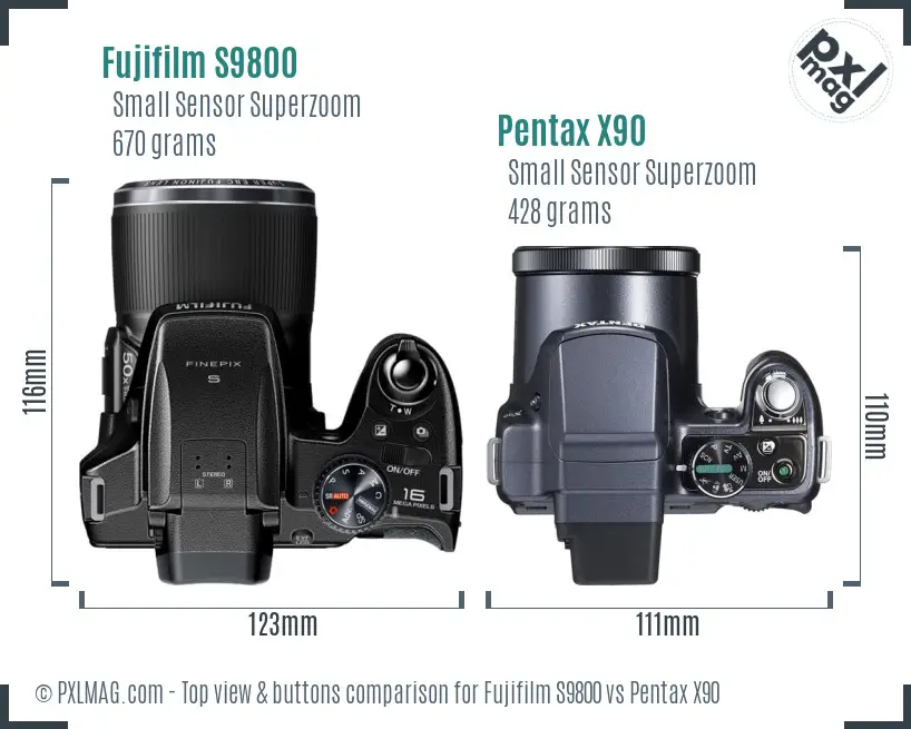 Fujifilm S9800 vs Pentax X90 top view buttons comparison