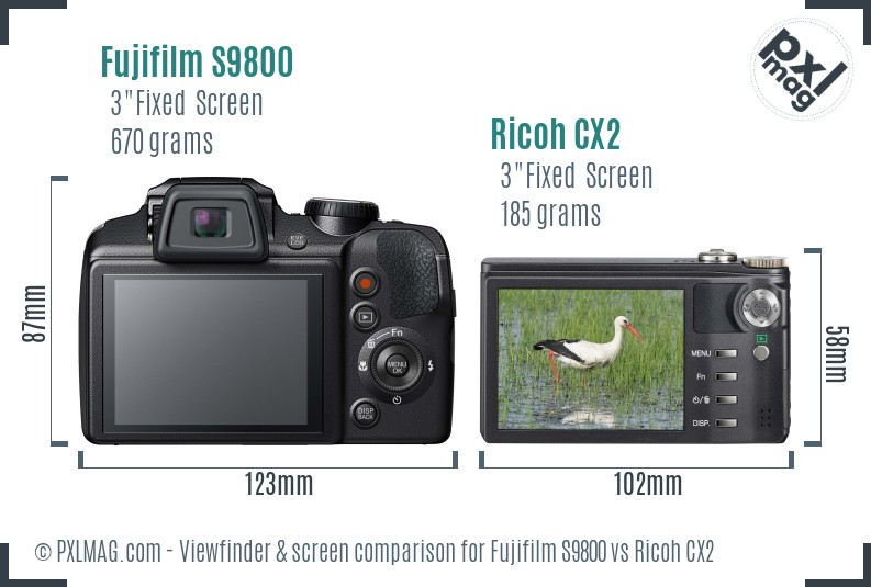 Fujifilm S9800 vs Ricoh CX2 Screen and Viewfinder comparison