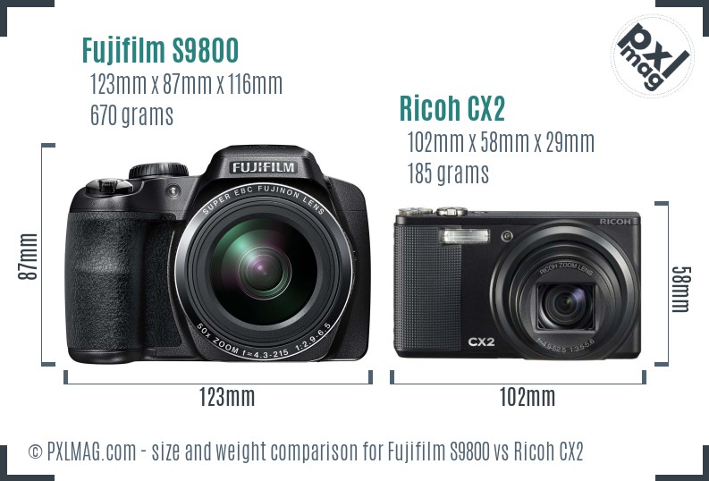 Fujifilm S9800 vs Ricoh CX2 size comparison Fujifilm S9800 vs Ricoh CX2 size comparison