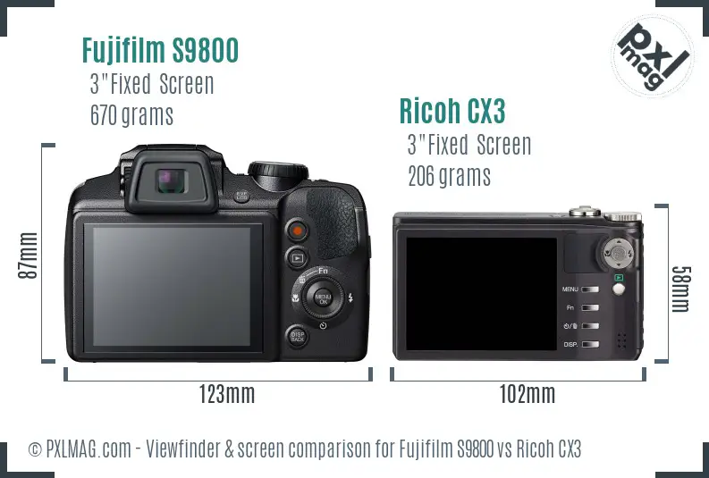 Fujifilm S9800 vs Ricoh CX3 Screen and Viewfinder comparison