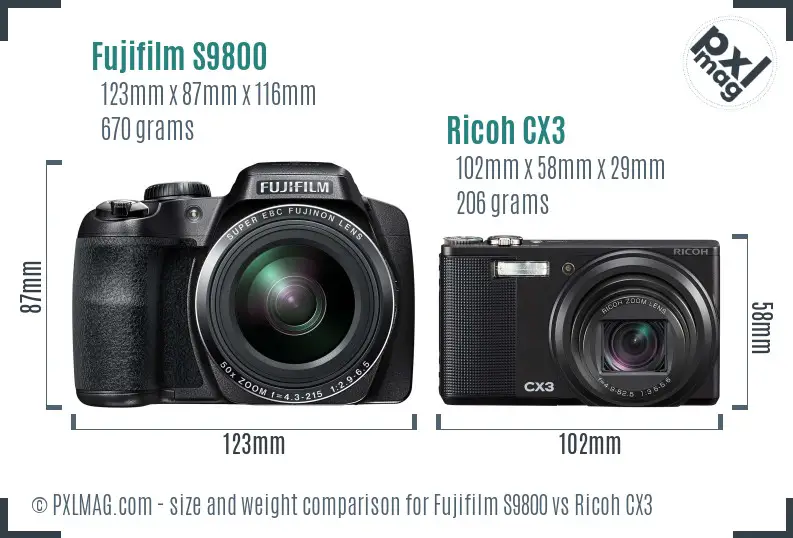 Fujifilm S9800 vs Ricoh CX3 size comparison