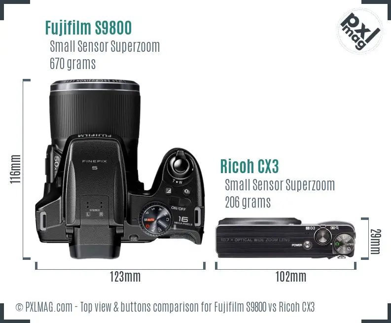 Fujifilm S9800 vs Ricoh CX3 top view buttons comparison