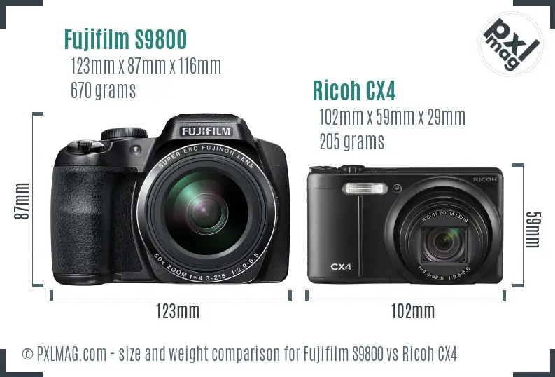 Fujifilm S9800 vs Ricoh CX4 size comparison Fujifilm S9800 vs Ricoh CX4 size comparison