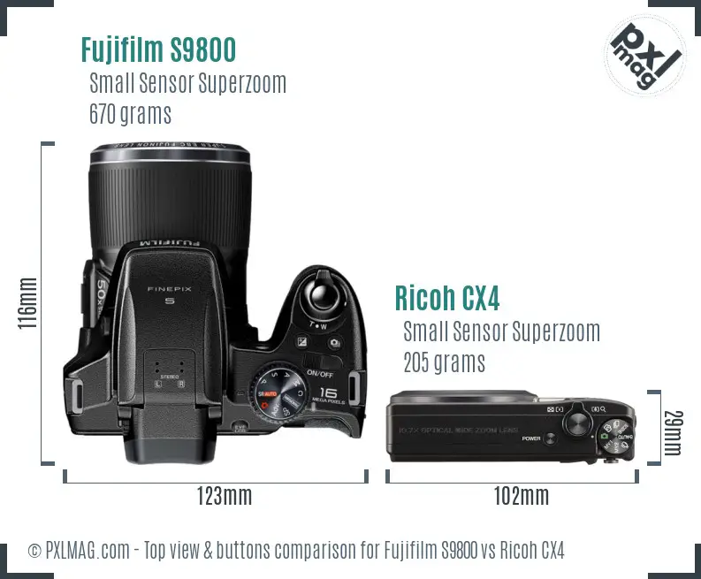 Fujifilm S9800 vs Ricoh CX4 top view buttons comparison Fujifilm S9800 vs Ricoh CX4 top view buttons comparison