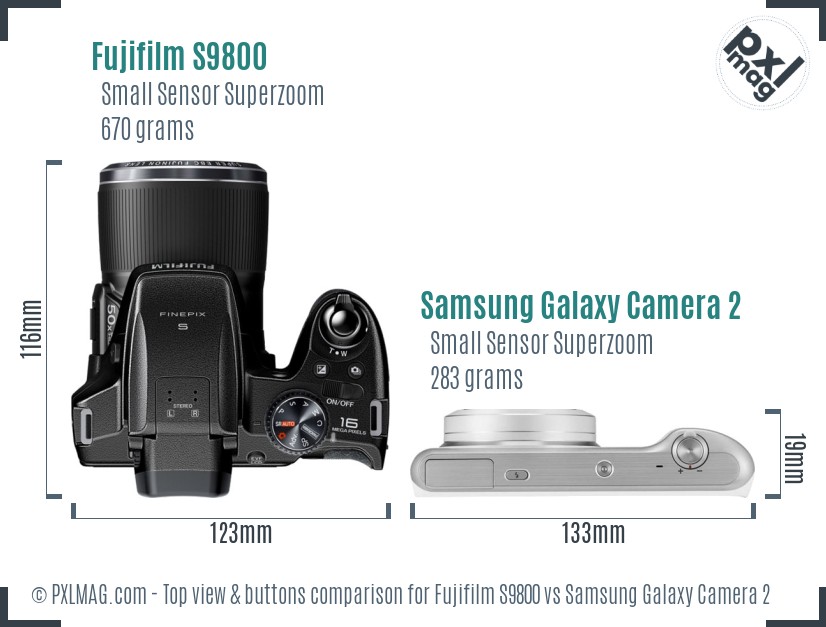 Fujifilm S9800 vs Samsung Galaxy Camera 2 top view buttons comparison