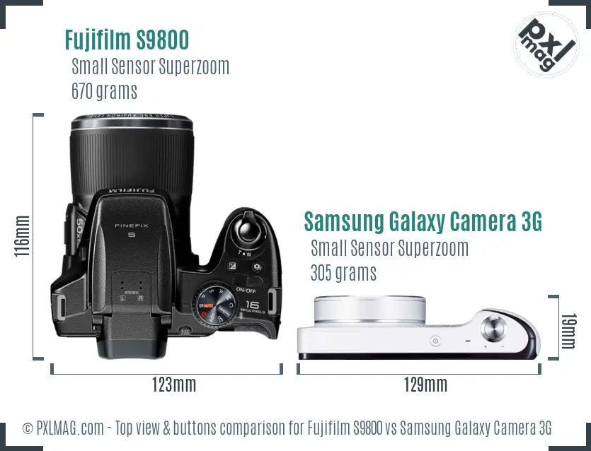 Fujifilm S9800 vs Samsung Galaxy Camera 3G top view buttons comparison