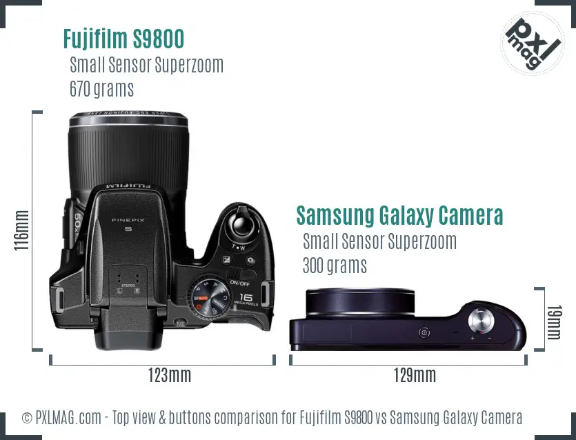 Fujifilm S9800 vs Samsung Galaxy Camera top view buttons comparison Fujifilm S9800 vs Samsung Galaxy Camera top view buttons comparison