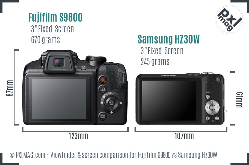 Fujifilm S9800 vs Samsung HZ30W Screen and Viewfinder comparison