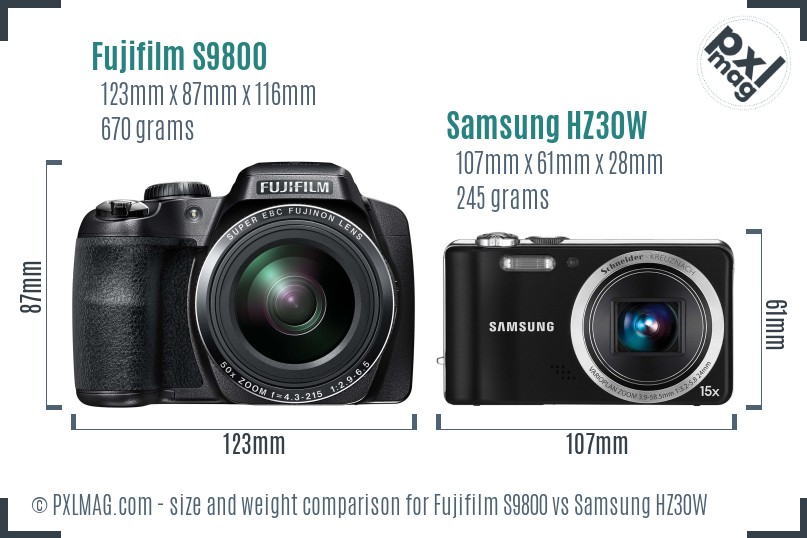 Fujifilm S9800 vs Samsung HZ30W size comparison