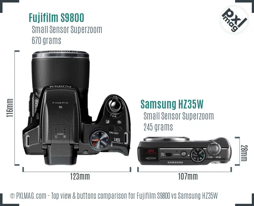 Fujifilm S9800 vs Samsung HZ35W top view buttons comparison