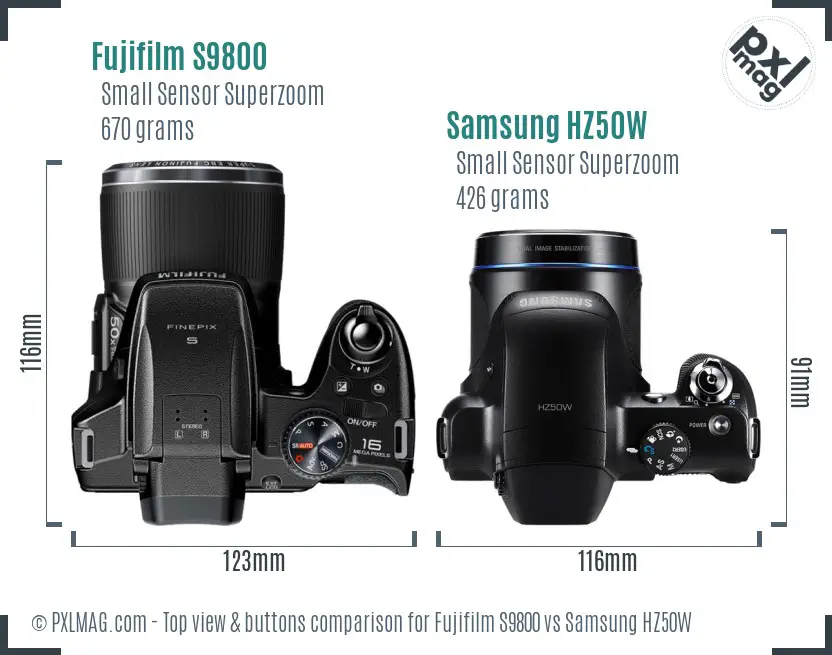 Fujifilm S9800 vs Samsung HZ50W top view buttons comparison Fujifilm S9800 vs Samsung HZ50W top view buttons comparison