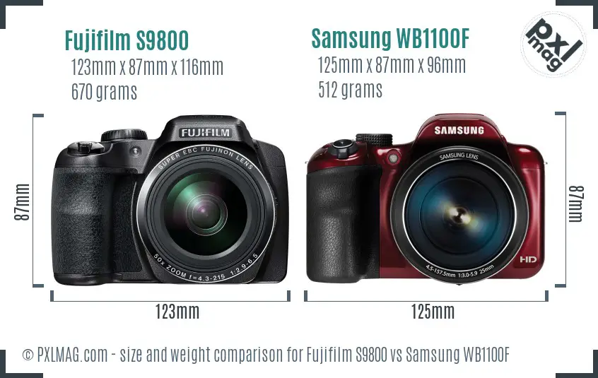 Fujifilm S9800 vs Samsung WB1100F size comparison