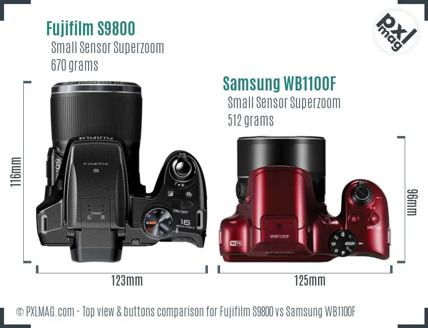 Fujifilm S9800 vs Samsung WB1100F top view buttons comparison