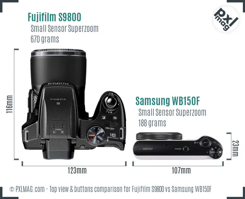 Fujifilm S9800 vs Samsung WB150F top view buttons comparison