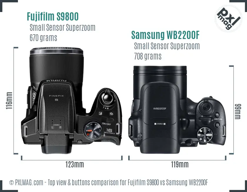 Fujifilm S9800 vs Samsung WB2200F top view buttons comparison