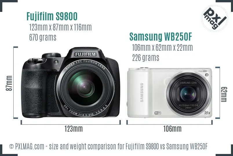 Fujifilm S9800 vs Samsung WB250F size comparison