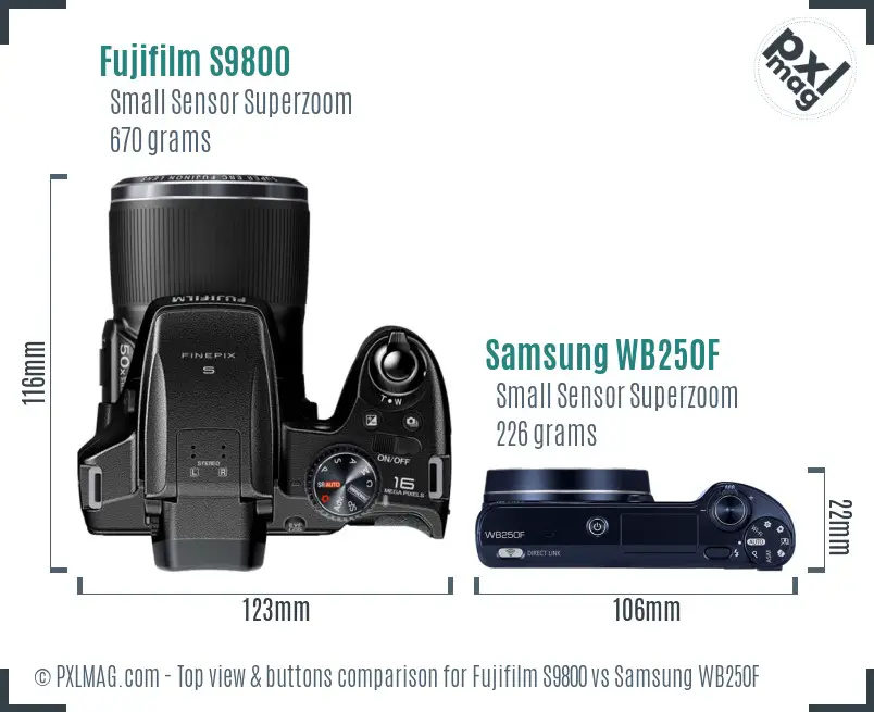 Fujifilm S9800 vs Samsung WB250F top view buttons comparison