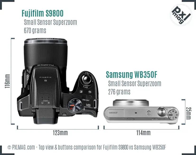 Fujifilm S9800 vs Samsung WB350F top view buttons comparison