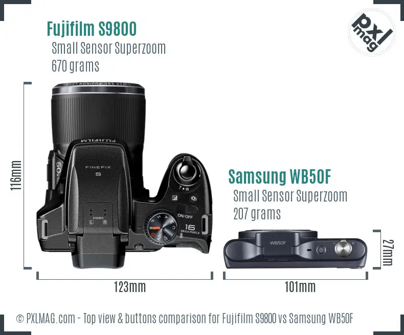 Fujifilm S9800 vs Samsung WB50F top view buttons comparison