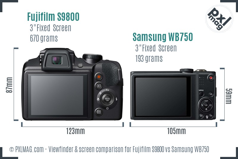 Fujifilm S9800 vs Samsung WB750 Screen and Viewfinder comparison