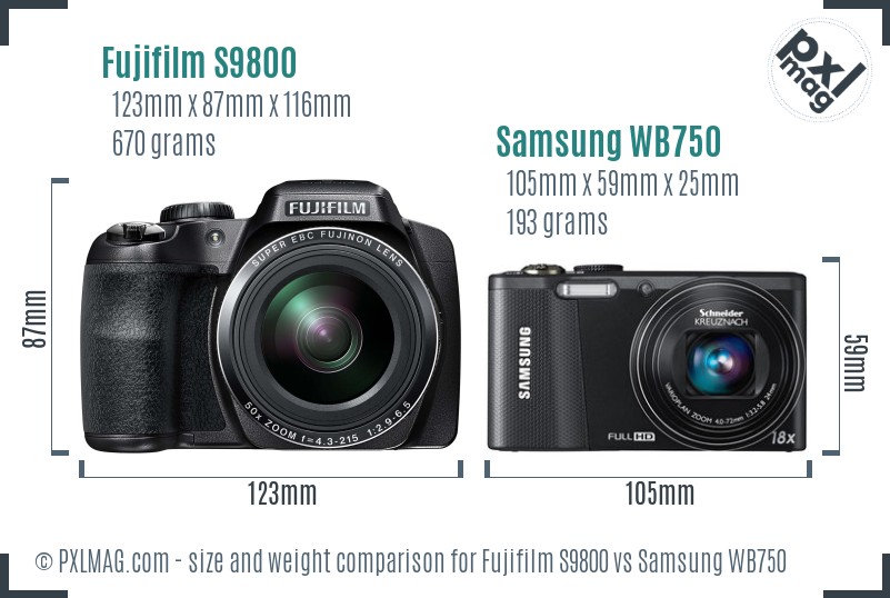 Fujifilm S9800 vs Samsung WB750 size comparison
