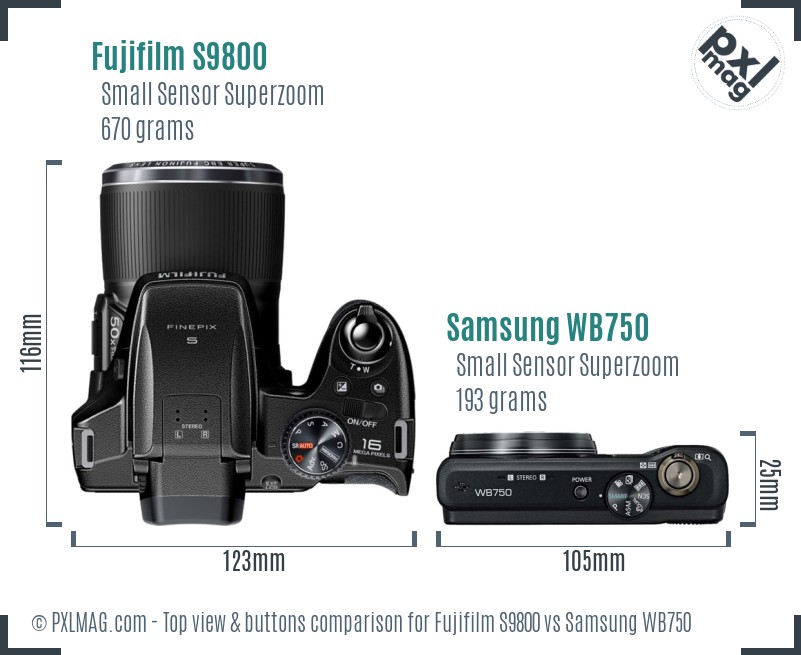 Fujifilm S9800 vs Samsung WB750 top view buttons comparison