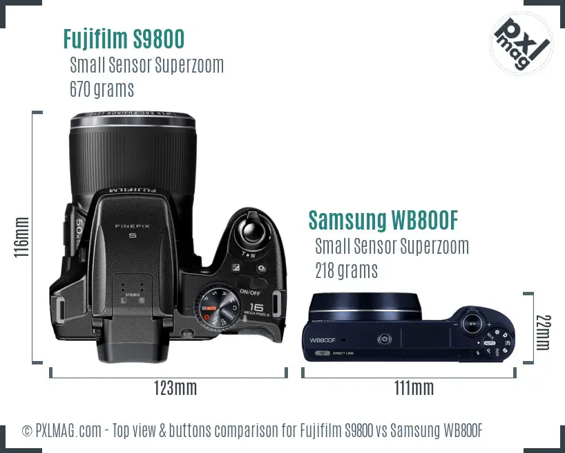 Fujifilm S9800 vs Samsung WB800F top view buttons comparison Fujifilm S9800 vs Samsung WB800F top view buttons comparison