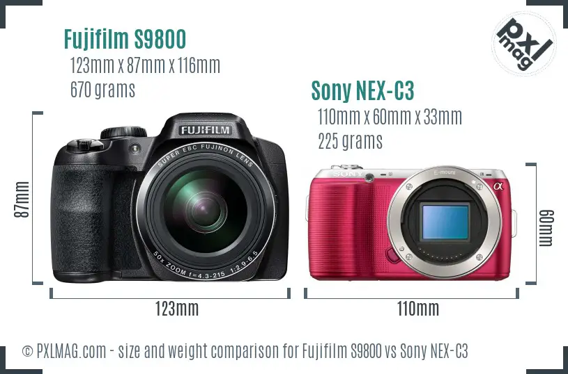 Fujifilm S9800 vs Sony NEX-C3 size comparison