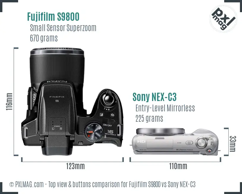 Fujifilm S9800 vs Sony NEX-C3 top view buttons comparison