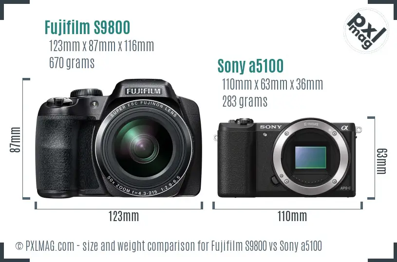 Fujifilm S9800 vs Sony a5100 size comparison