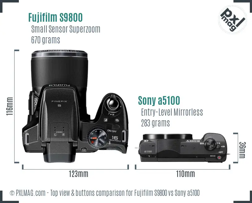 Fujifilm S9800 vs Sony a5100 top view buttons comparison