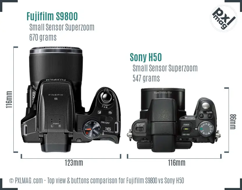 Fujifilm S9800 vs Sony H50 top view buttons comparison