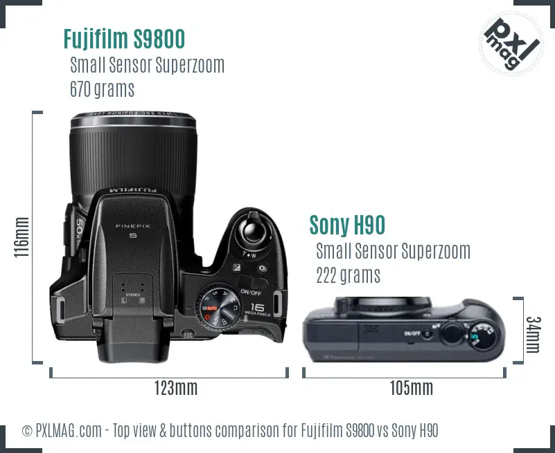 Fujifilm S9800 vs Sony H90 top view buttons comparison Fujifilm S9800 vs Sony H90 top view buttons comparison