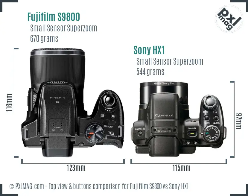 Fujifilm S9800 vs Sony HX1 top view buttons comparison