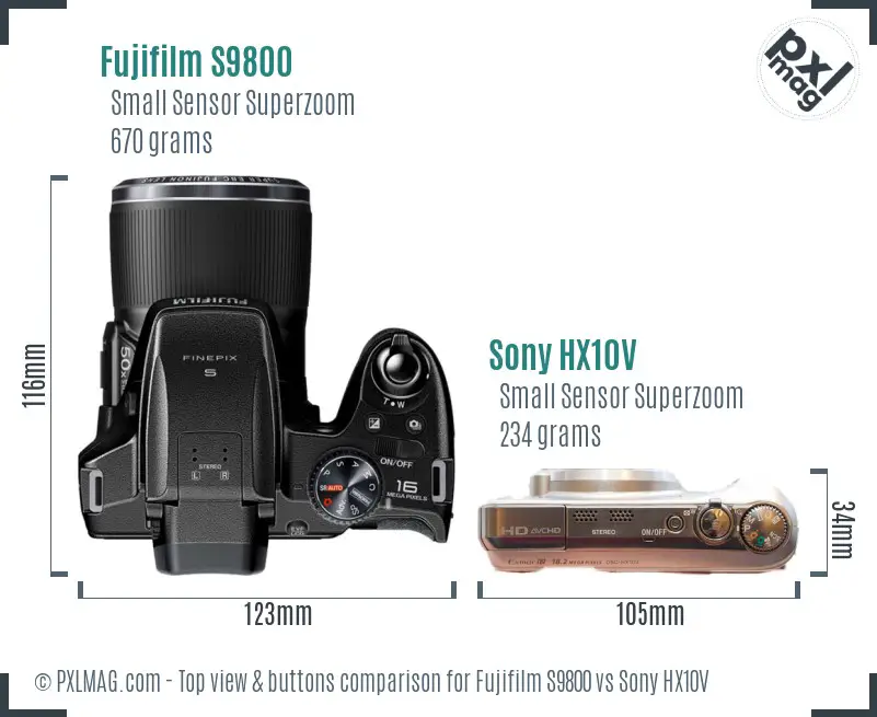 Fujifilm S9800 vs Sony HX10V top view buttons comparison