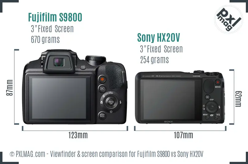 Fujifilm S9800 vs Sony HX20V Screen and Viewfinder comparison